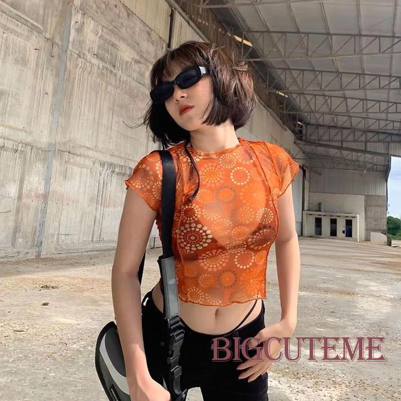 Áo Thun Crop Top Lưới Tay Ngắn Cổ Tròn Nhuộm Màu Thời Trang Mùa Hè Cho Nữ