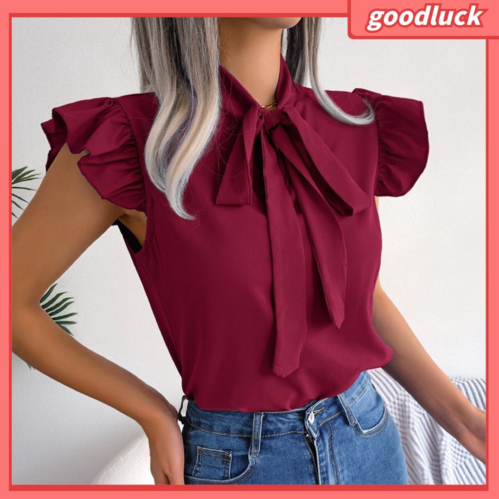 [ULK] Áo Sơ Mi Tay Ngắn Cổ Đứng Màu Trơn Trang Trọng Thắt Nơ Viền Bèo Thời Trang Mùa Hè Cho Nữ