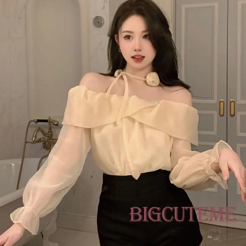 Set Áo Trễ Vai Xuyên Thấu Dài Tay + Vòng Cổ Hoa Thời Trang Dành Cho Nữ