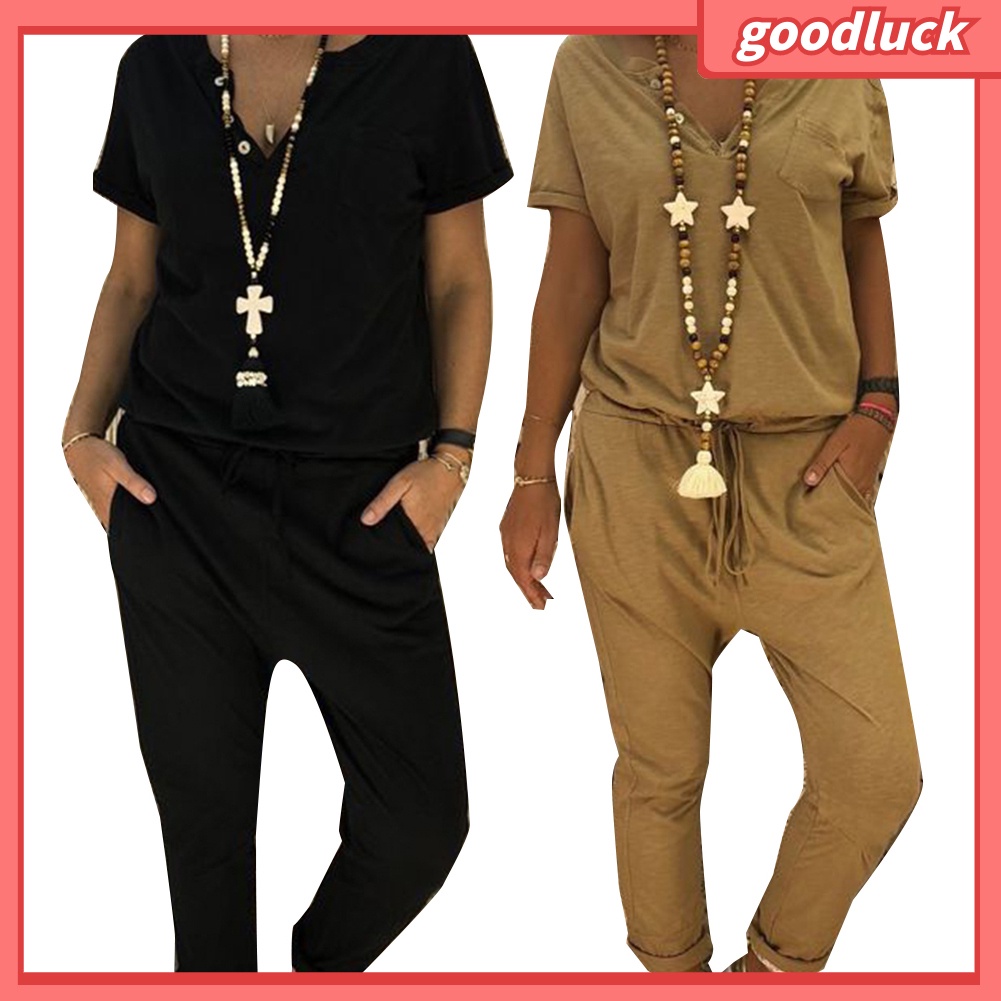 Áo liền quần Tay Ngắn Cổ Chữ V Màu Sắc Thanh Lịch