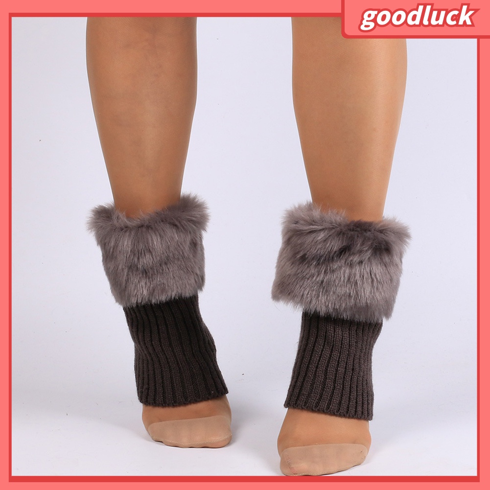 [ULK] Vớ Ống Chân Ngắn Đan Móc Phối Lông Giả Màu Trơn Giữ Ấm Mùa Đông Cho Nữ