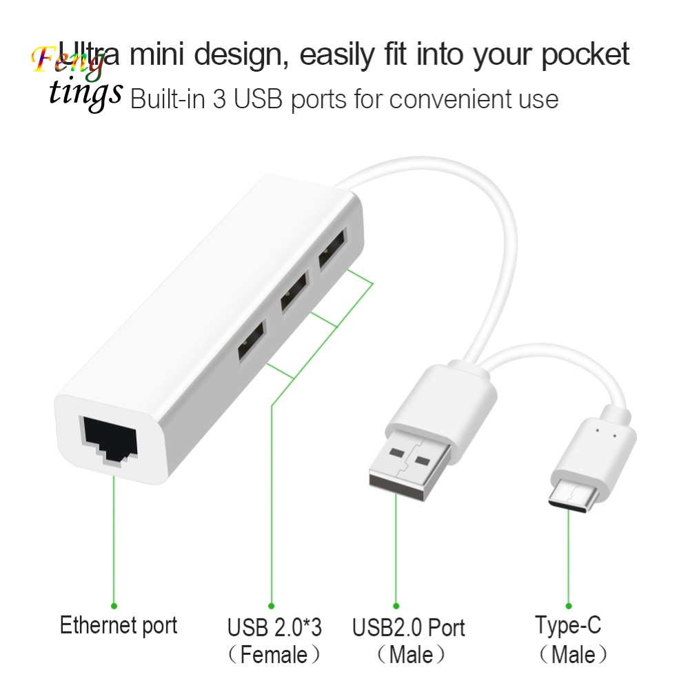 Bộ Chia 3 Cổng USB Type-C 2.0 RJ45 Lan Card Ethernet