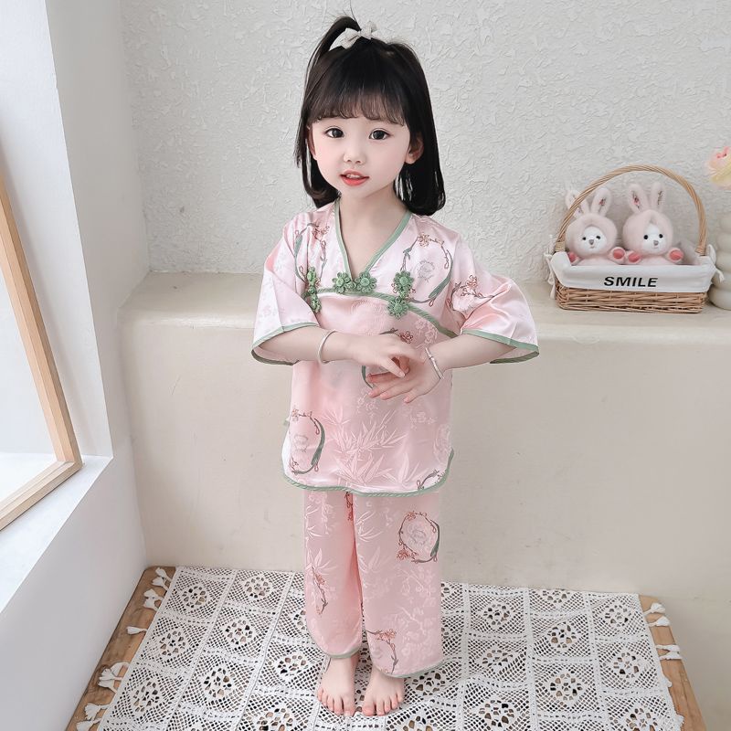 Bộ Đồ Ngủ Vải Satin Mỏng Cài Khóa Kiểu Công Chúa Nhỏ Phong Cách Trung Hoa Dễ Thương Thời Trang Mùa Hè Cho Bé Gái