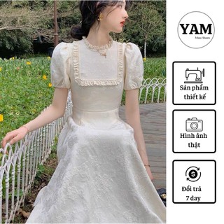 Váy trắng tiểu thư gấm hoa tay bồng cao cấp mexi size s m l - yam mini store