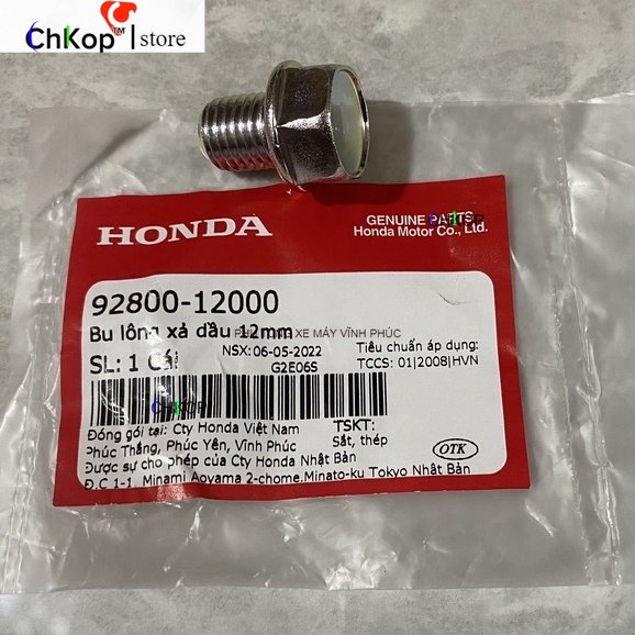 Chính hãng - Ốc xả dầu - ốc rốn dầu - Bu lông xả dầu  12mm  honda zin 100%  9280012000