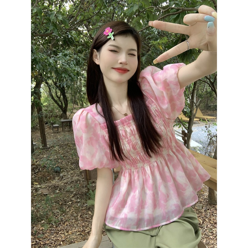 Áo Kiểu Tay Ngắn Cổ Vuông In Họa Tiết Hoa Thời Trang Mùa Hè Xinh Xắn Cho Nữ