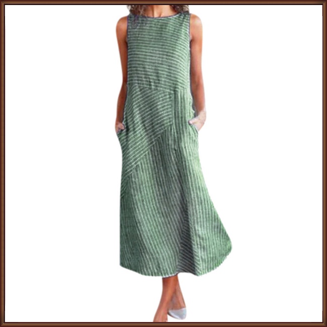 Đầm Không Tay Cổ Tròn 35% Cotton 1 65% Họa Tiết Kẻ Sọc Thời Trang