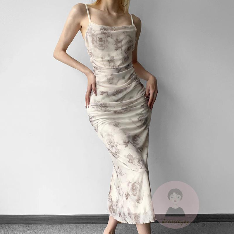 Đầm Hai Dây Hở Lưng Xẻ Tà In Họa Tiết Hoa Phong Cách Cổ Điển Thời Trang Cho Nữ