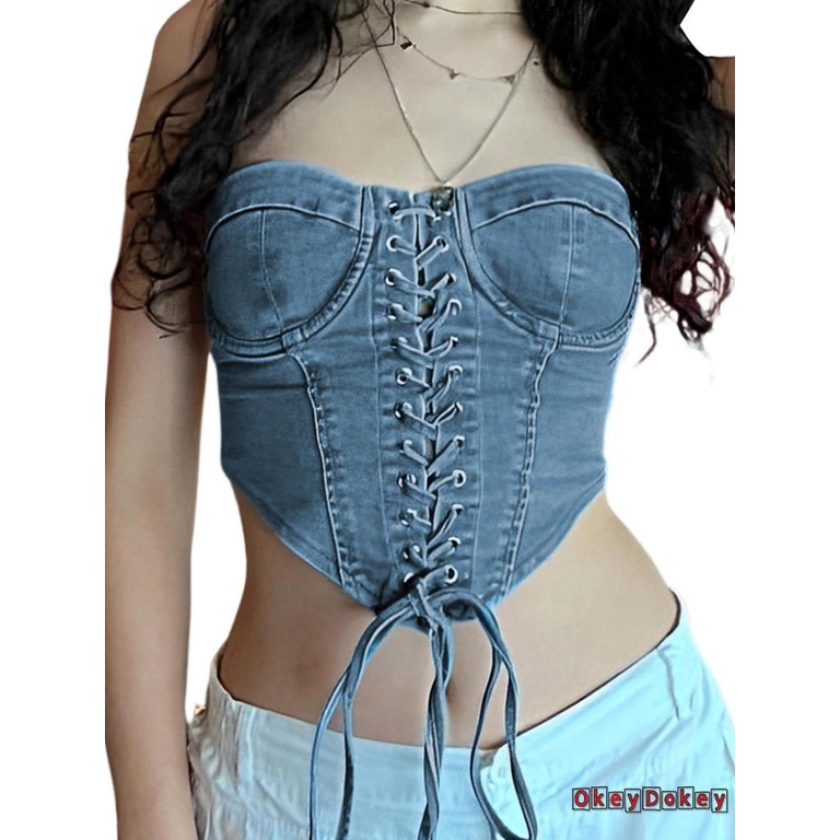 Áo Sơ Mi Denim Mùa Hè Hai Dây Màu Trơn Cho Nữ