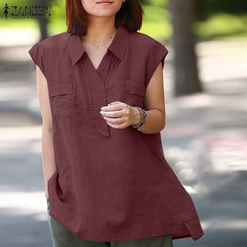 ZANZEA Áo Sơ Mi Cotton Lanh Tay Ngắn Cổ Chữ V Thời Trang Đường Phố Hàn Quốc Cho Nữ