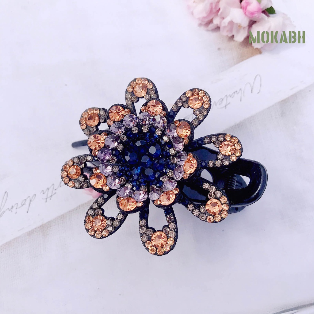 Kẹp Tóc Ba Răng Chống Trượt Họa Tiết Hoa Đính Đá Lấp Lánh Thanh Lịch