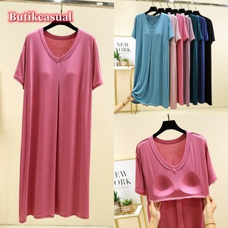 Phụ Nữ Cổ Chữ V Áo Ngực Miếng Lót Pyjama Modal Cotton Váy Rời Trơn Thoải Mái Loungewear Tay Ngắn Váy Mùa Hè giản dị người phụ nữ váy midi