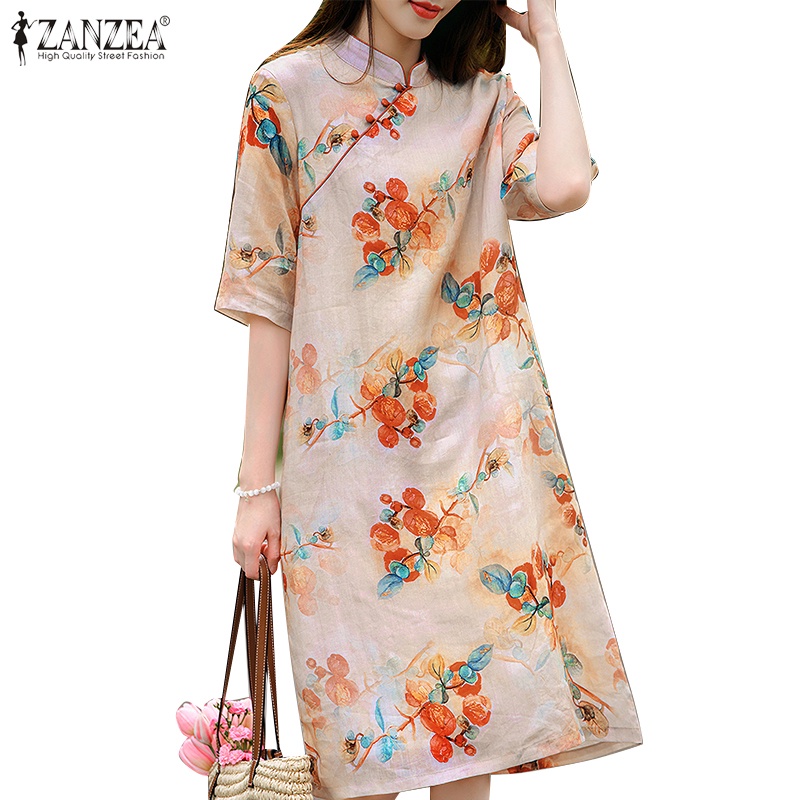 Zanzea Đầm Sườn Xám Ngắn Tay Form Chữ A Phong Cách Cổ Điển Thanh Lịch Dành Cho Nữ