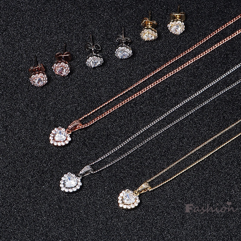 Bộ Vòng cổ + Bông Tai Hình Trái Tim Màu Sáng Sang Trọng Cho Nữ