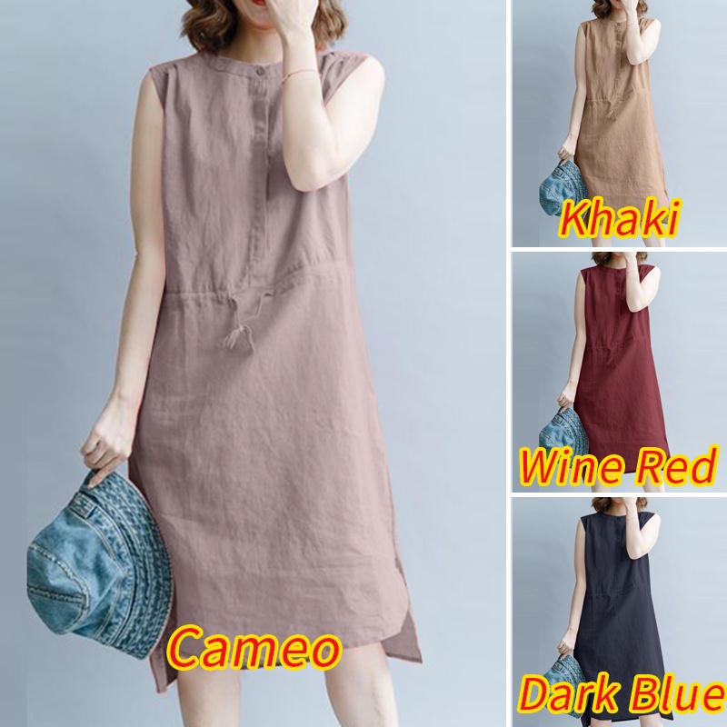 Zanzea Đầm Nữ Cộc Tay Cổ Tròn Dây Rút Thời Trang Hàn