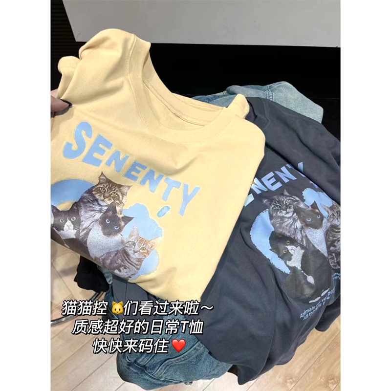 Áo Thun 100% Cotton Tay Ngắn Cổ Tròn In Họa Tiết Phong Cách Hàn Quốc Cho Nữ