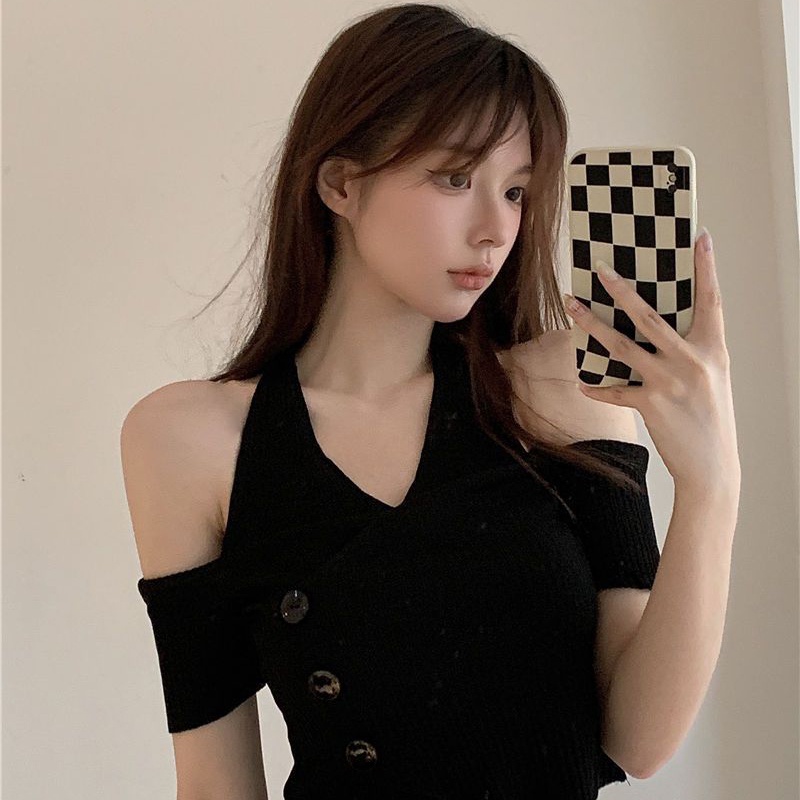 IELGY    Áo Thun Tay Ngắn Cổ Chữ v Hở Vai Phong Cách retro Dành Cho Nữ