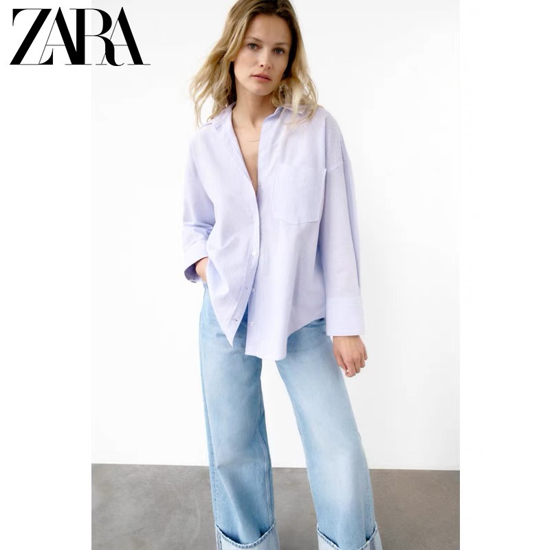 Zara Áo Sơ Mi Tay Dài Vải Oxford Họa Tiết Kẻ Sọc Thời Trang Thanh Lịch Cho Nữ