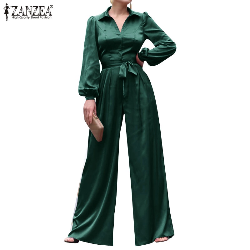 ZANZEA Jumpsuit Vải Lụa Satin Tay Dài Ống Rộng Trang Trọng Cho Nữ