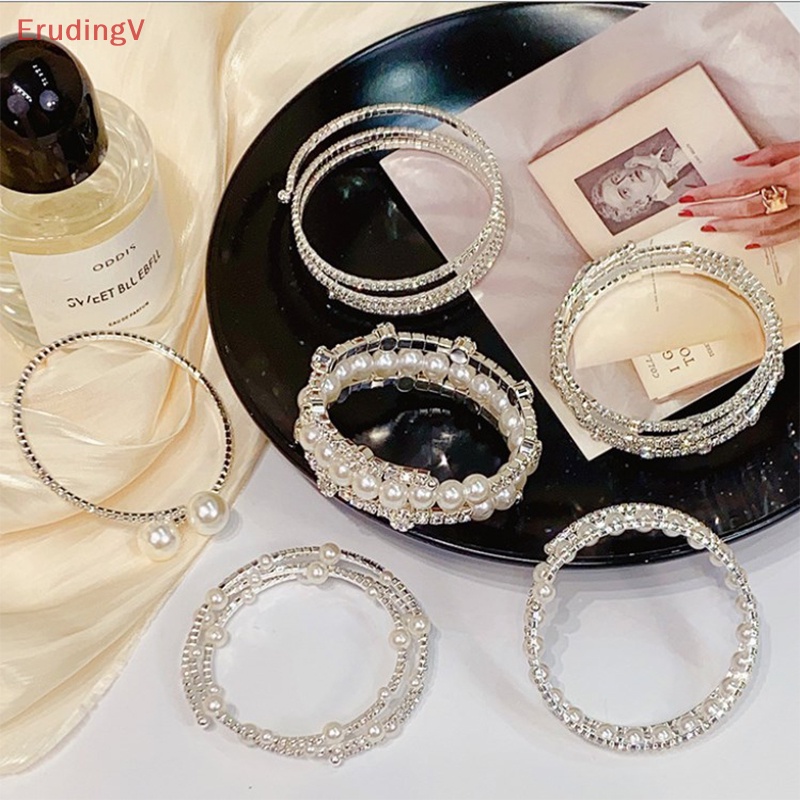 [ErudingV] Vòng Tay Ngọc Trai Giả Pha Lê Nhiều Lớp Co Giãn Trang Sức Cô Dâu [Mới]