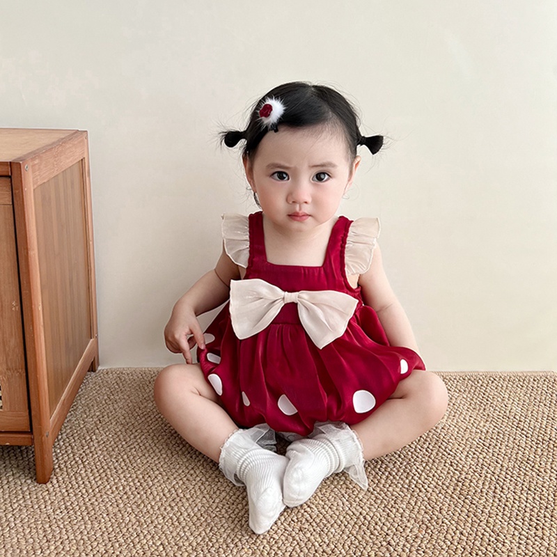 Đầm Công Chúa Hai Lớp Đính Nơ To Màu Đỏ Dễ Thương Thời Trang Mùa Hè Cho Bé Gái