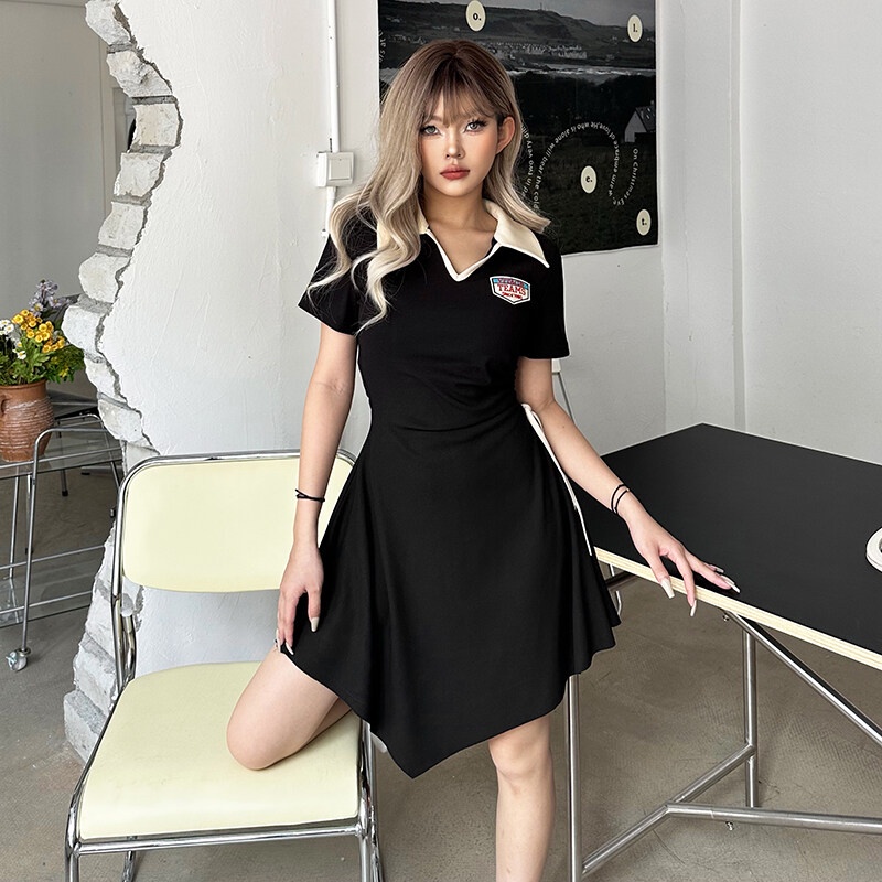 Weird Puss Đầm Tay Ngắn Cổ Chữ V Dáng Chữ A Màu Trơn Thời Trang Mùa Hè Xinh Xắn Cho Nữ