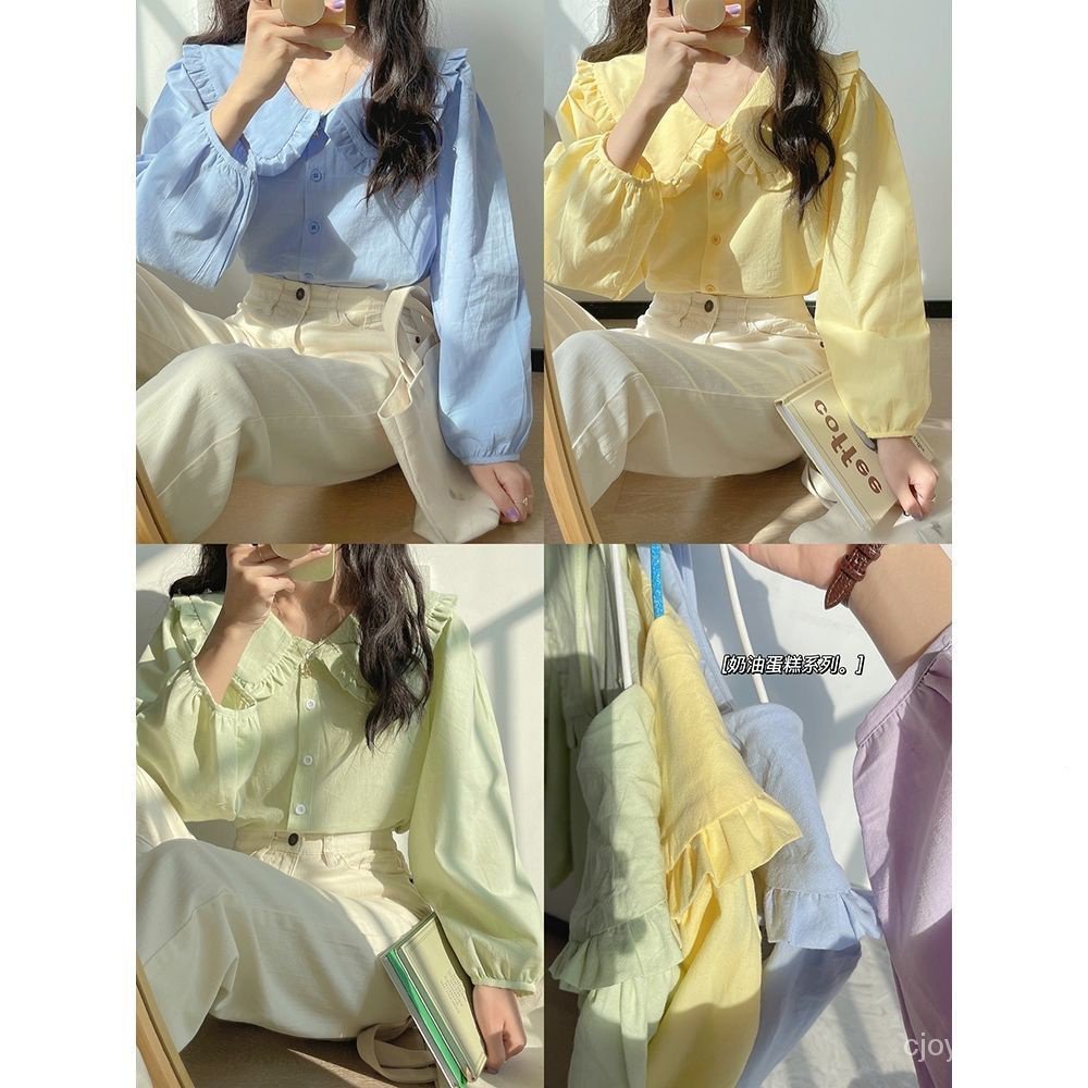 Áo Sơ Mi Nữ Tay Dài Cổ Búp Bê Màu Vàng Kem 25K 150K Phong Cách Pháp Cổ Điển Thời Trang Cho Nữ Không Kèm6