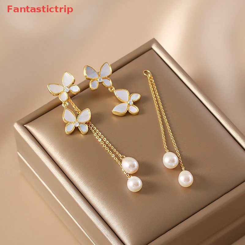 1 Đôi Bông Tai Dáng Dài Hình Bướm Đính Ngọc Trai Lãng Mạn Thời Trang Cho Nữ