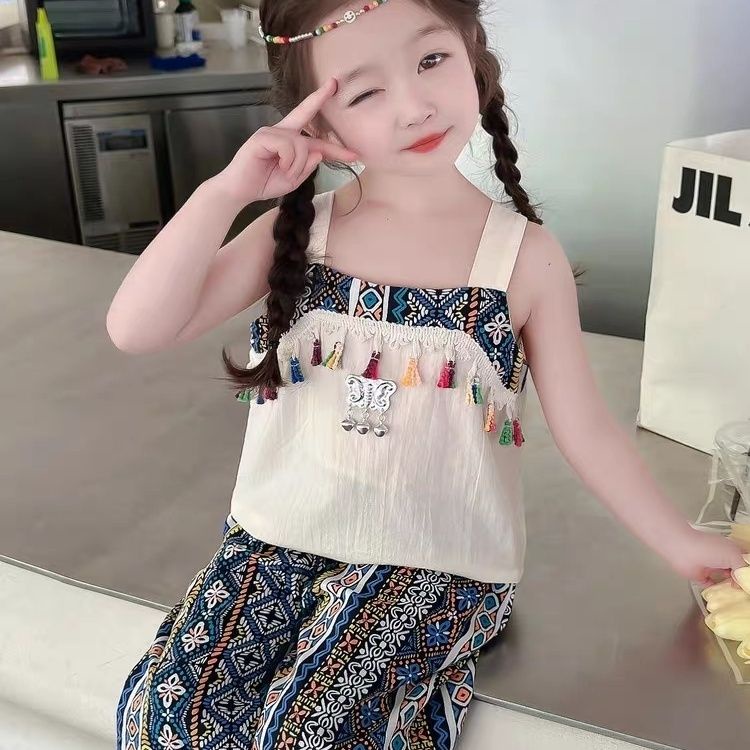 Set Áo Hai Dây Thêu Họa Tiết Thổ Cẩm + Quần Thời Trang Cho Bé Gái