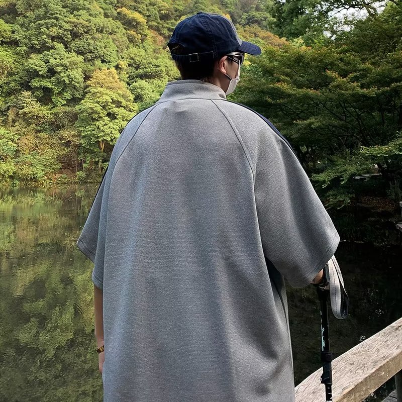 Áo Thun Polo Tay Ngắn Cổ Đứng Phối Màu Tương Phản Phong Cách Retro Mỹ Cho Nam