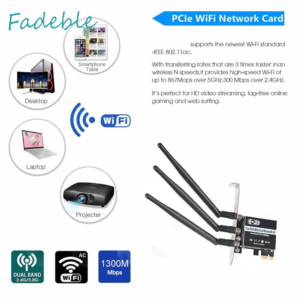 Thẻ Mạng Không Dây 2.4 / 5G 1300Mpbs Kết Nối Bluetooth 5.0