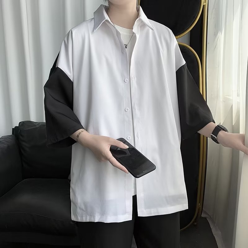 Áo Sơ Mi Tay Ngắn Dáng Rộng Vải Lụa Lạnh Cỡ Lớn Phối Màu Đen Trắng Cá Tính Cho Nam