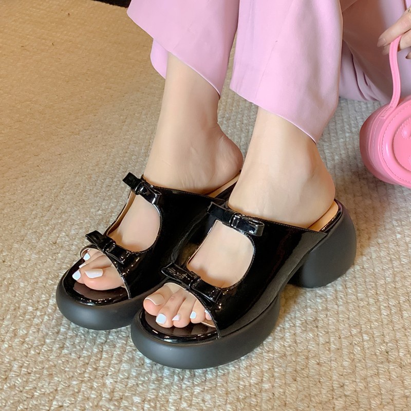 Duoya Tóc Thẳng ~ [Hàng Có Sẵn] Dép Sandal Cao Gót Hở Ngón Đế Dày Bằng Da Mềm Đính Nơ Cho Nữ Miễn Phí Vận Chuyển