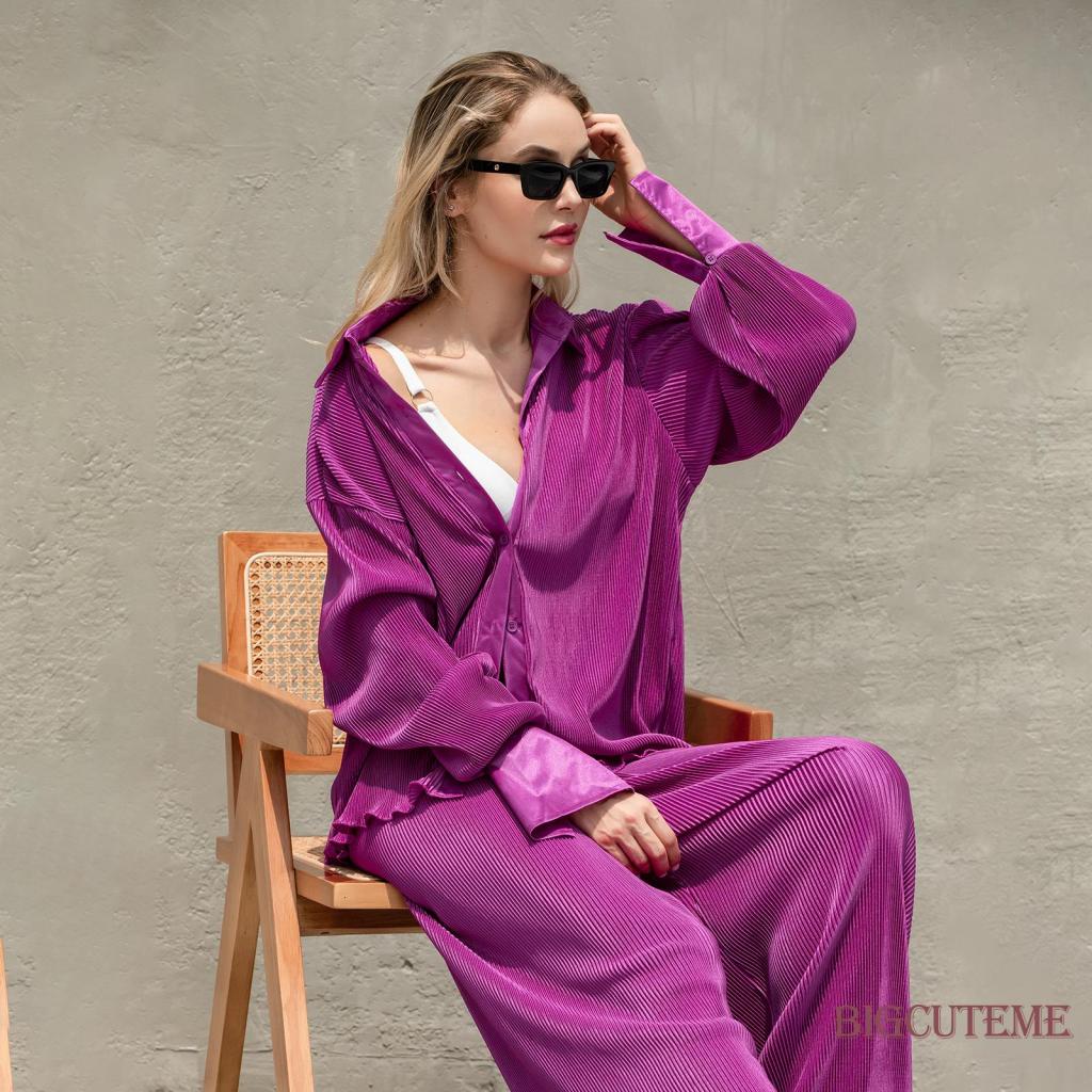 Set Đồ 2 Món Áo Sơ Mi Tay Dài Cài Nút + Quần Dài Ống Rộng Thời Trang Cho Nữ