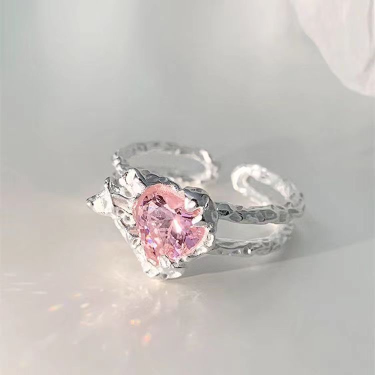 Nhẫn Hở Đính Lá Thiếc Zircon Màu Hồng Ngọt Ngào Có Thể Điều Chỉnh Cho Nữ