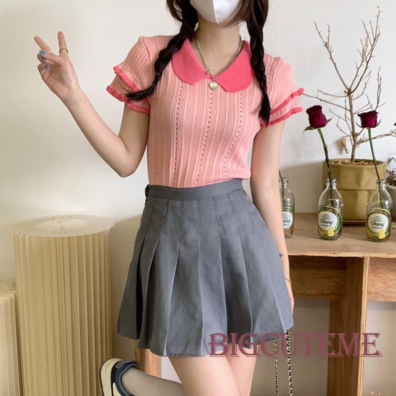 Áo Dệt Kim Tay Ngắn Cổ Búp Bê Màu Sắc Tương Phản Thời Trang Cho Nữ