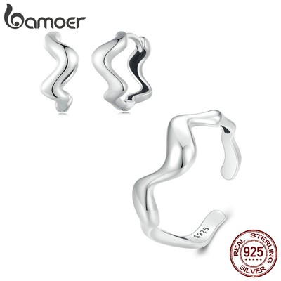 BAMOER Bông Tai bạc 925 DạNg GợN SóNg ThờI Trang
