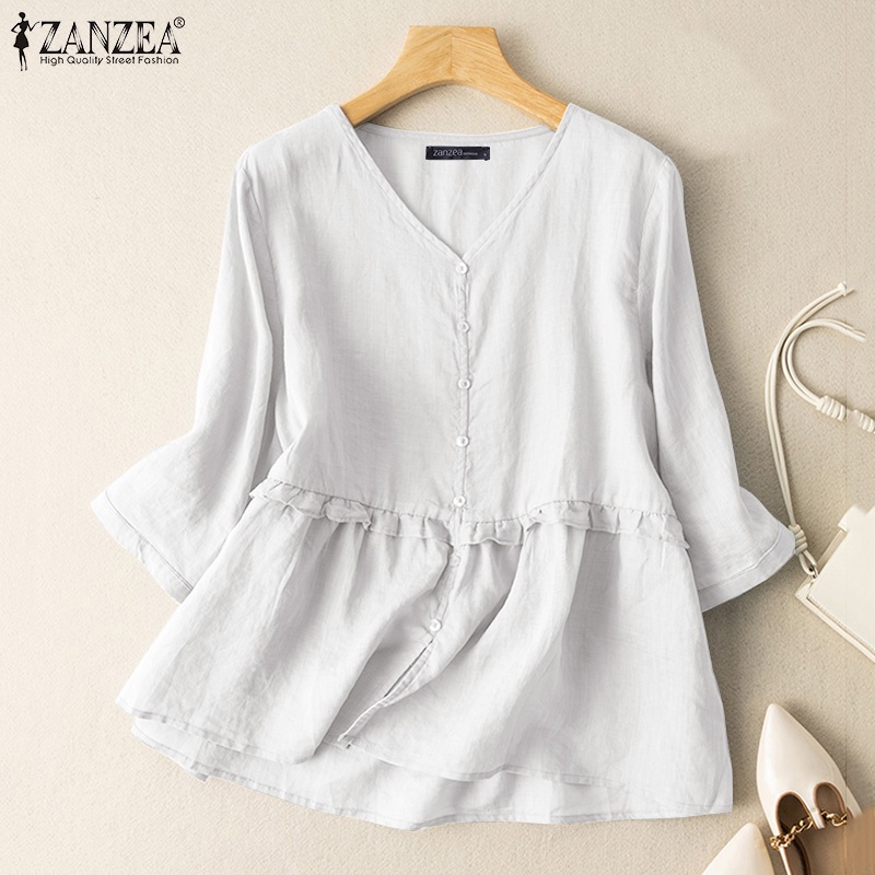 ZANZEA Áo Sơ Mi Nữ Tay Lửng Cổ Chữ V Màu Trơn Phong Cách Hàn Quốc