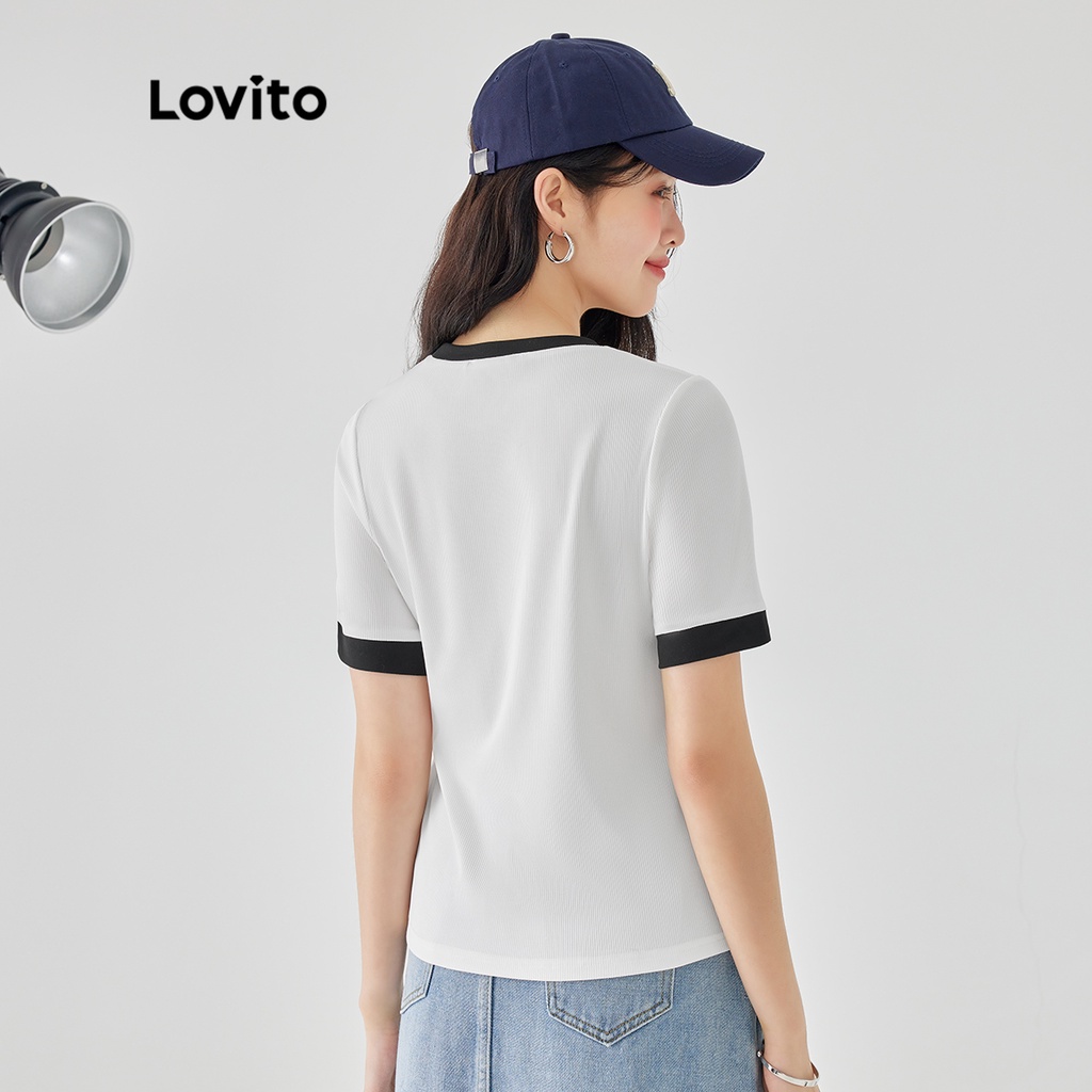 Áo thun nữ Lovito tay ngắn cổ tròn dệt kim sọc gân phối viền tương phản màu trơn thường ngày L49AD015 (Màu trắng nhạt)