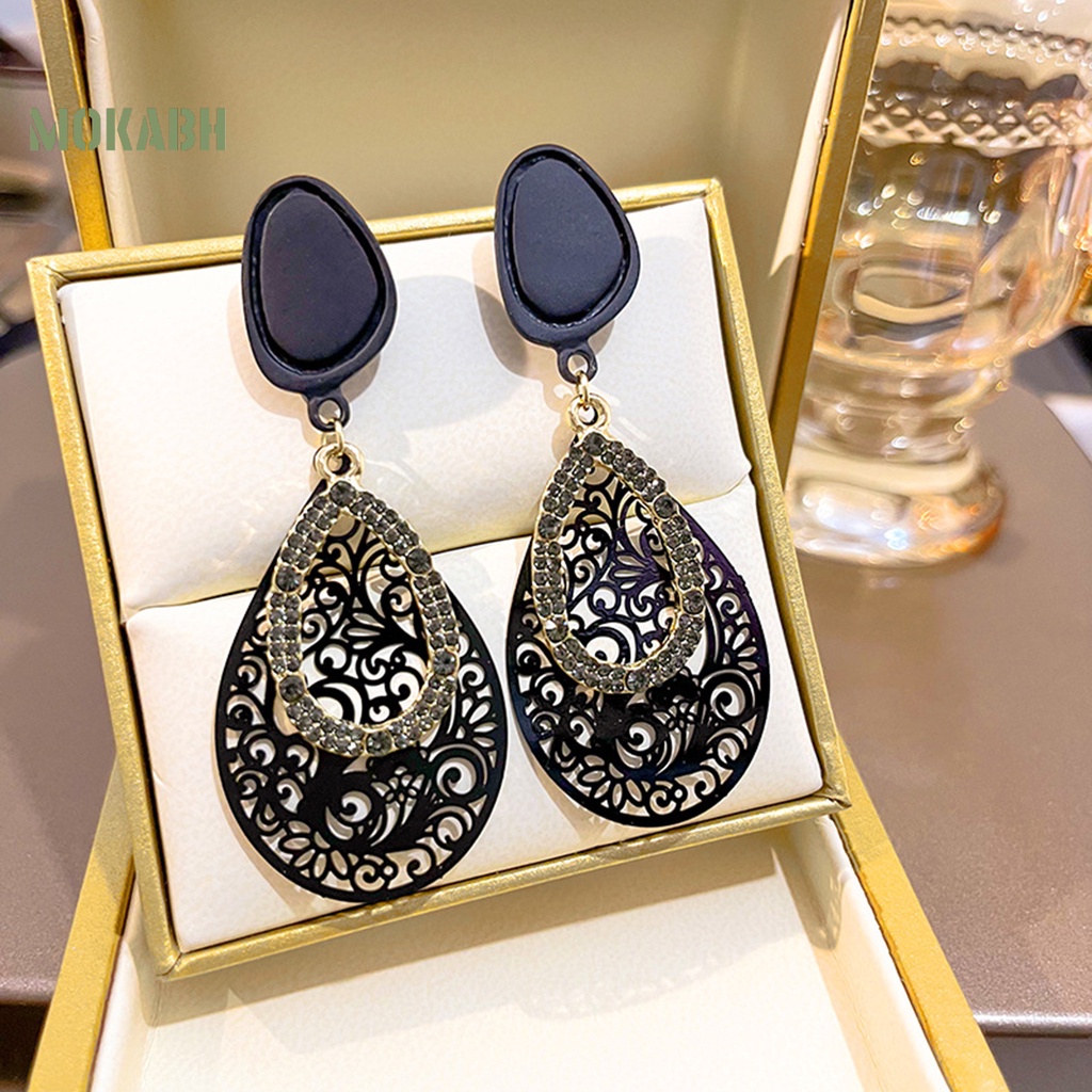 1 Đôi Bông Tai Hình Giọt Nước Dát Đá Đen Phong Cách Bohemia Cổ Điển Thời Trang