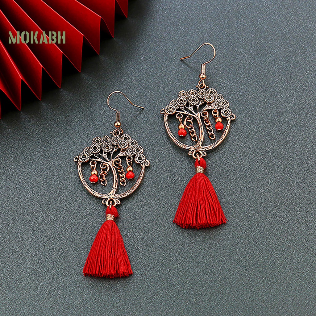 Bông Tai Dáng Dài Tua Rua Màu Đỏ Thời Trang Sang Trọng Cho Nữ