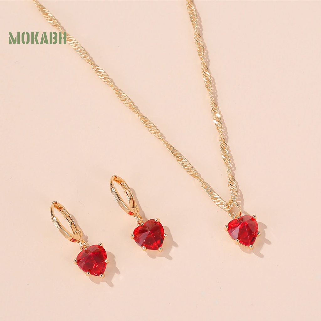 Bộ Vòng cổ + Bông Tai Hình Trái Tim Đính Đá Zircon Lấp Lánh Ngọt Ngào