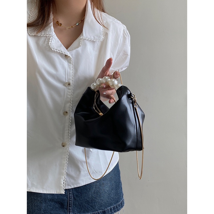 Túi Xách Đeo Chéo Màu Đen Đính Ngọc Trai Phối Dây Đeo Sợi Xích Thời Trang Cao Cấp Cho Nữ