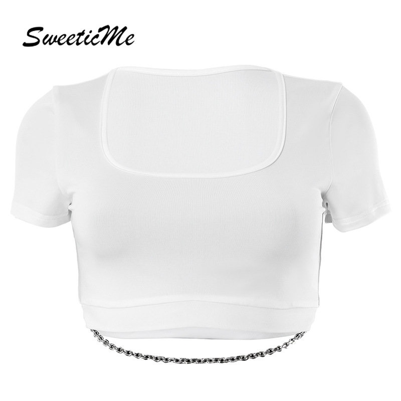 Áo Croptop Tay Ngắn Cổ Chữ U Màu Trơn Phối Dây Xích Thời Trang 2023 Cho Nữ