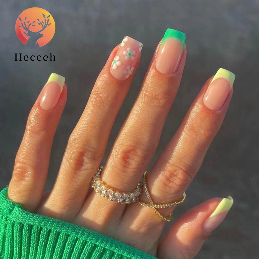 Set 24 Móng Tay Giả Màu Đen / Xanh Lá Hình Vuông Có Thể Tháo Rời
