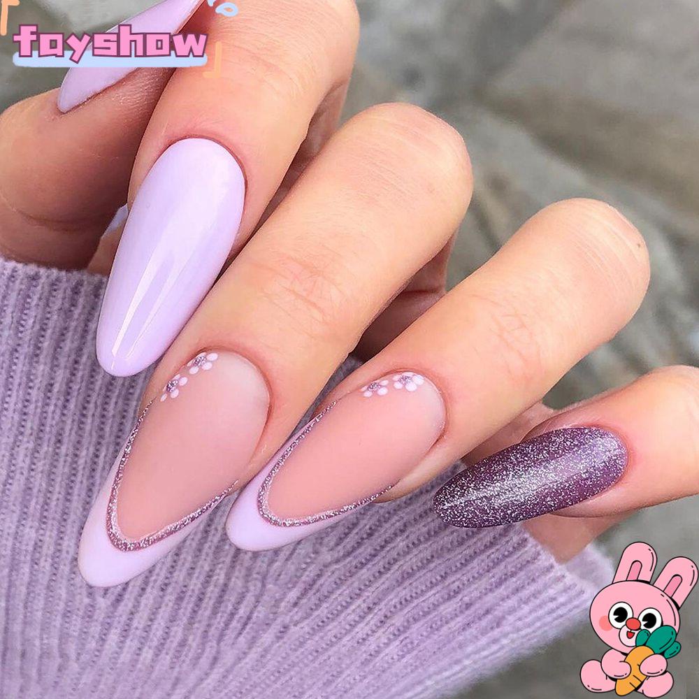 Móng Tay Giả Màu Tím Đính Kim Tuyến Lấp Lánh Phong Cách Pháp