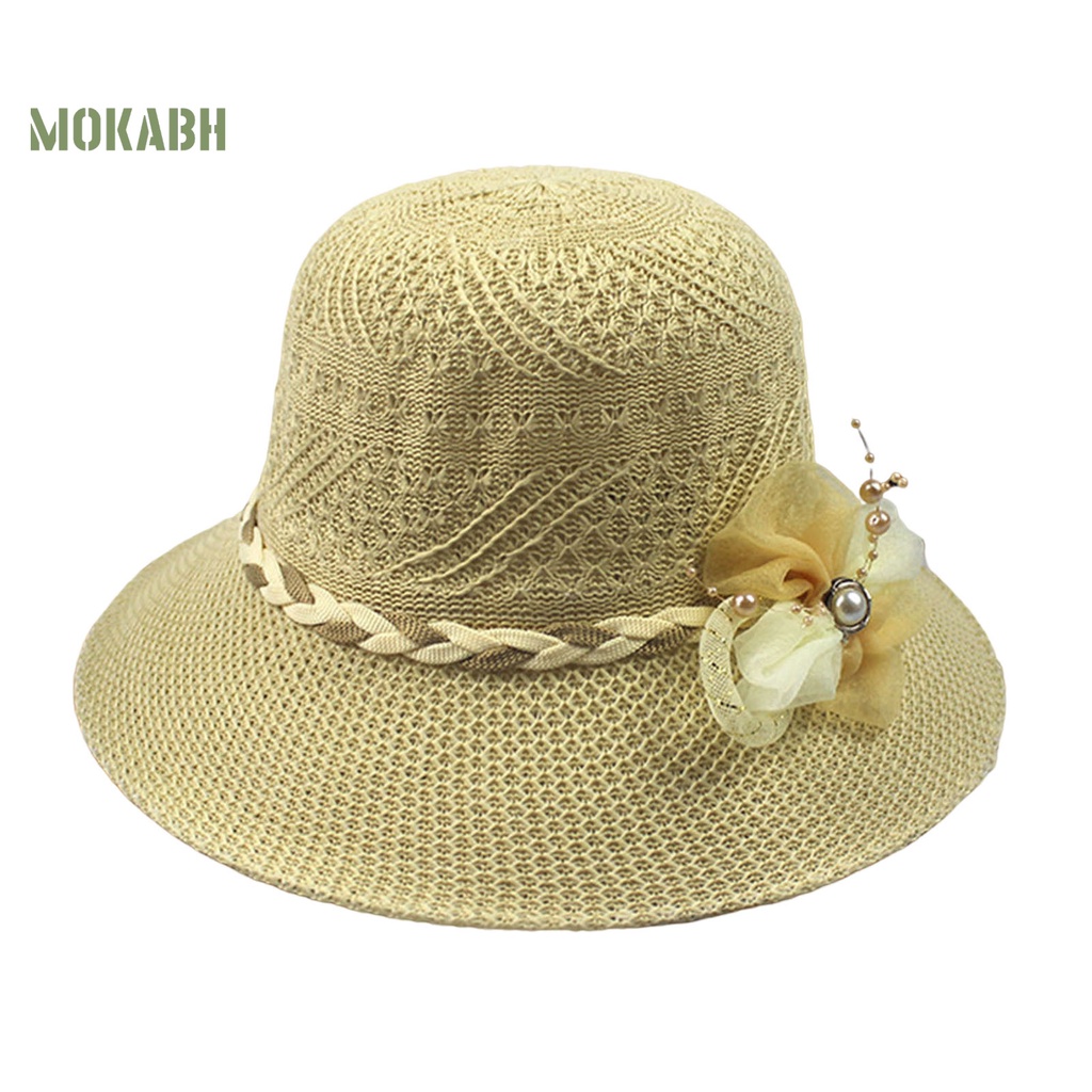 [Mok Abh] Mũ Tai Bèo Vành Rộng Chống Tia UV Có Dây Thắt Nơ Đính Hoa Giả Bằng Vải Bện Dành Cho Nữ Đi Biển