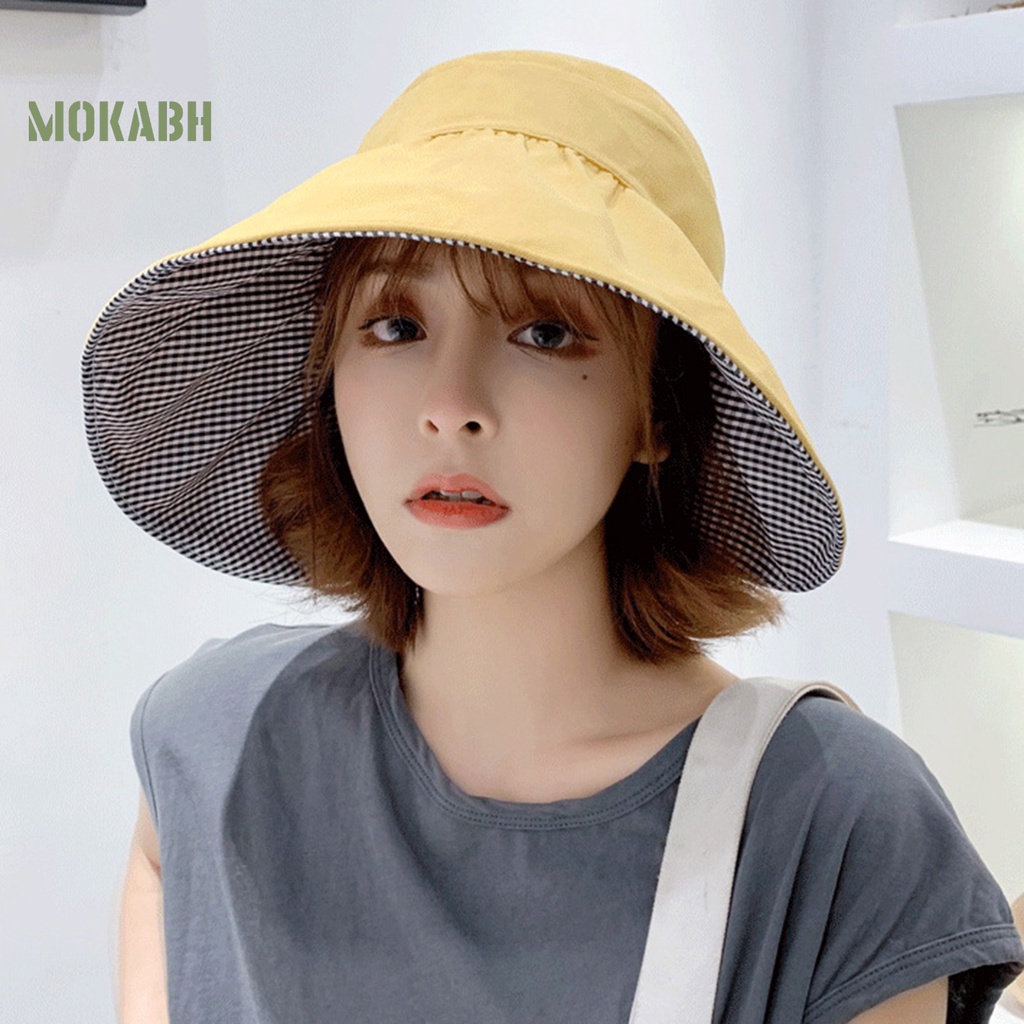 [Mok Abh] Mũ Tai Bèo Chống Nắng Hai Mặt Hở Chóp Kẻ Sọc Có Dây Đeo Có Thể Điều Chỉnh Được