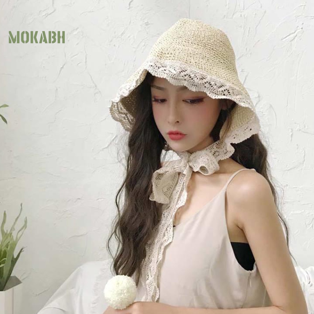[Mok Abh] Mũ Tai Bèo Dệt Kim Vành Rộng Màu Trơn Có Dây Cột Chống Nắng Phong Cách Đồng Quê Cho Nữ