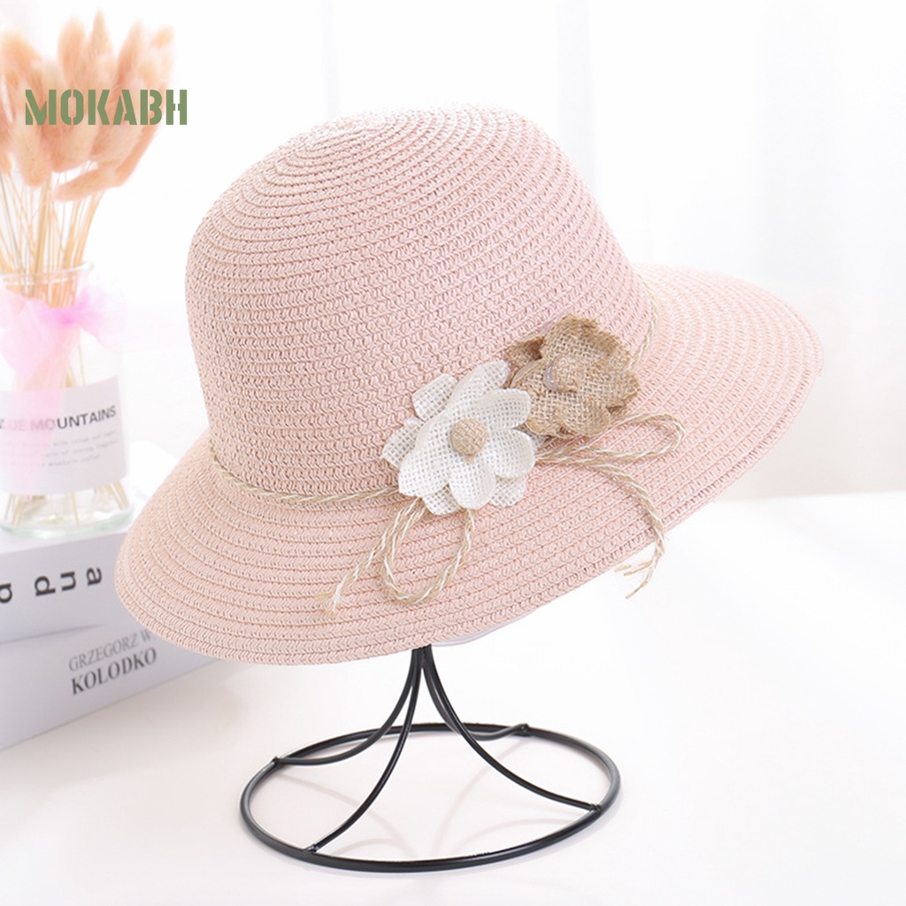 [Mok Abh] Mũ Rơm Chống Gió Thấm Hút Mồ Hôi Đính Hoa Có Thể Gấp Gọn Dùng Ở Ngoài Trời